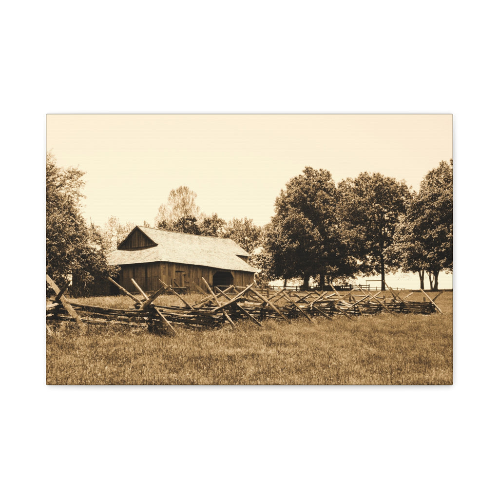 Quiet Acres — Matte Canvas Print — Sepia Barn Photography Wall Art