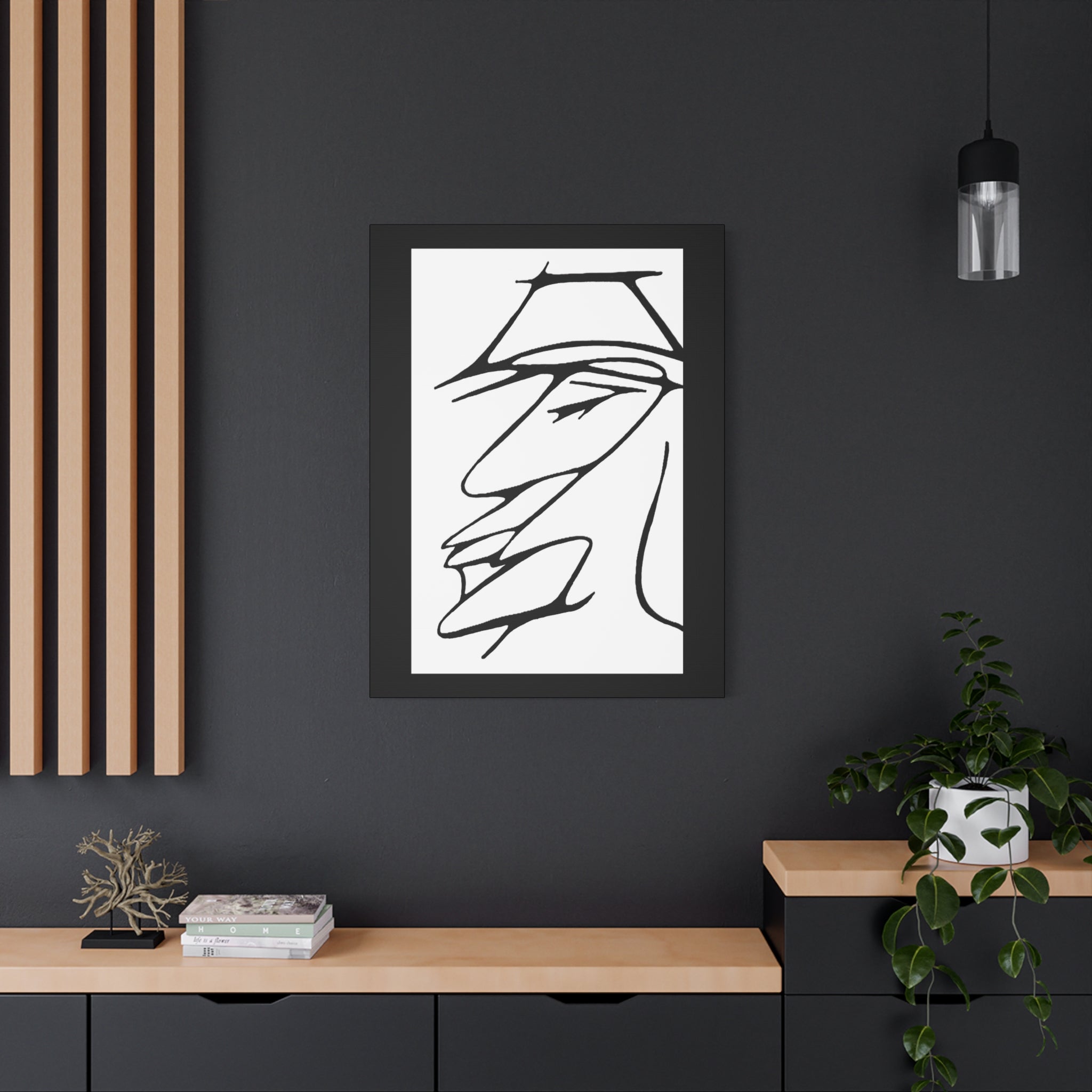 Abstract warrior face framed canvas print — bold black line art profile portrait, angular features, minimalist black and white wall art