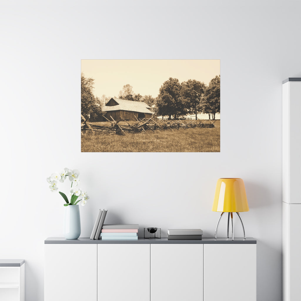 Quiet Acres — Matte Canvas Print — Sepia Barn Photography Wall Art