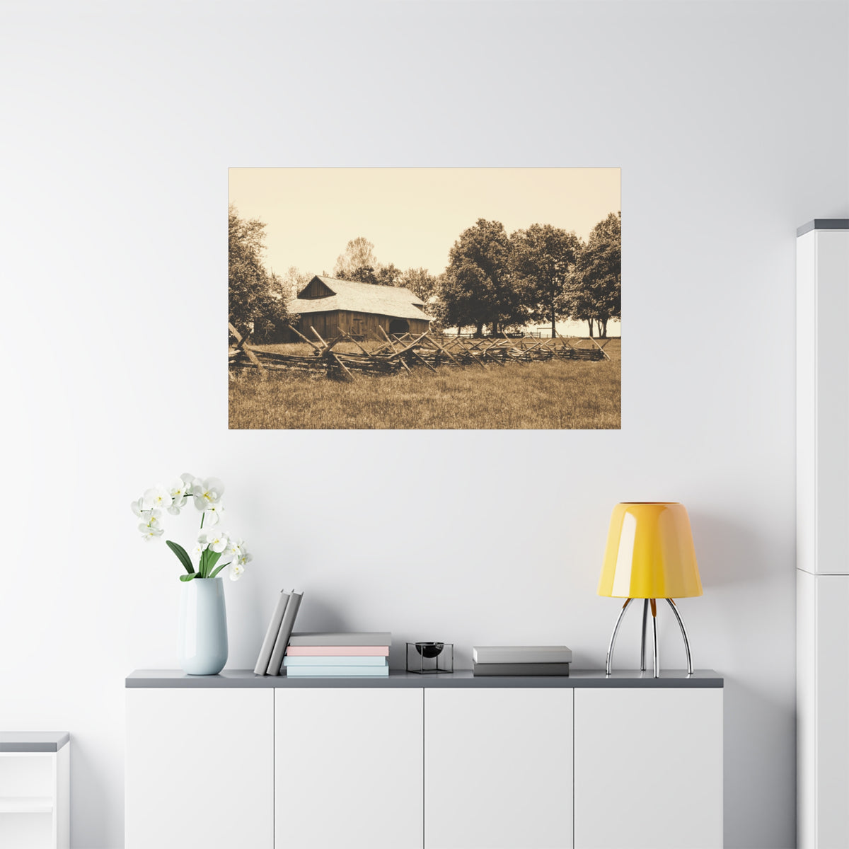 Quiet Acres — Matte Canvas Print — Sepia Barn Photography Wall Art