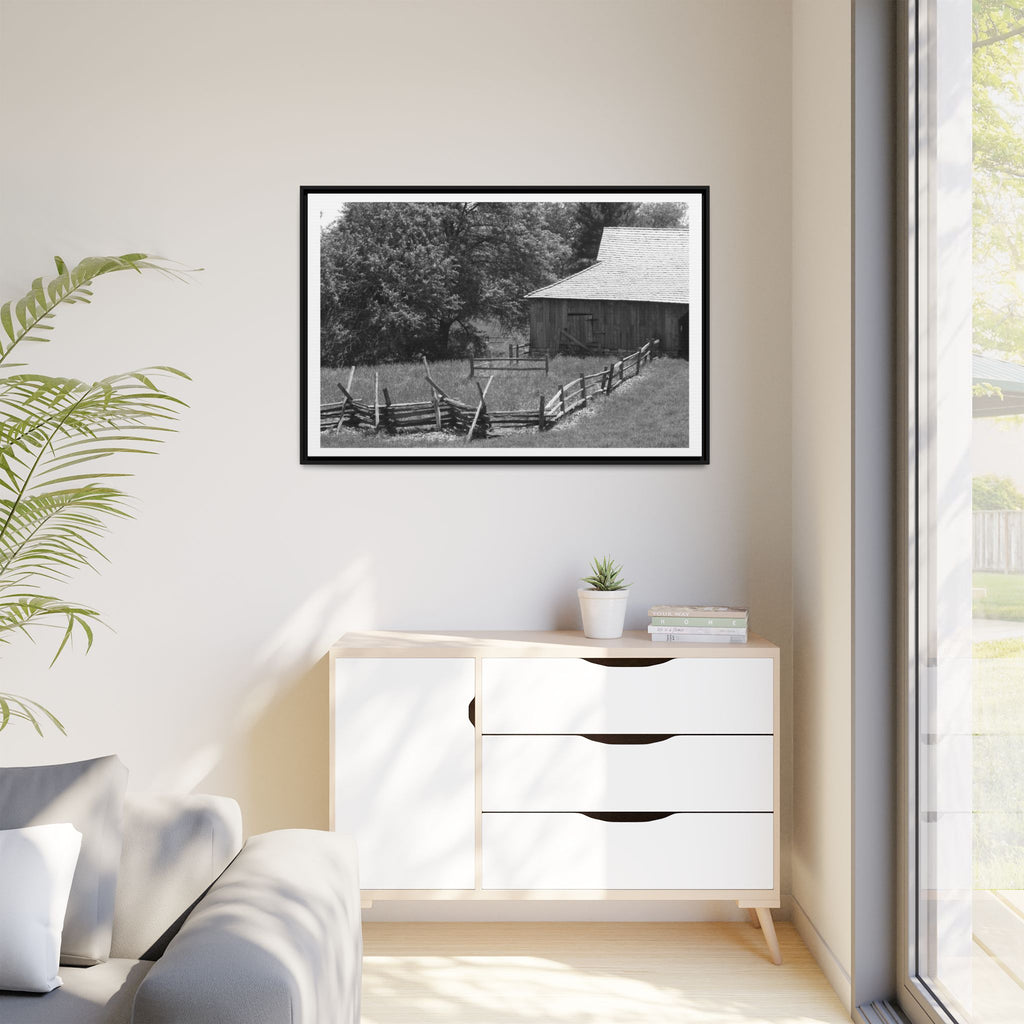Rustic Barn — Black & White Framed Matte Canvas Print — Country Landscape Photography Wall Art