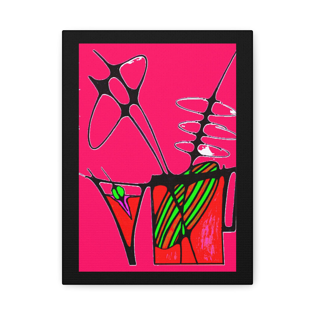 Abstract cocktails framed canvas print — hot pink pop art martini and highball glasses, bold black line art, bar wall art