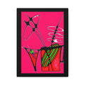 Abstract cocktails framed canvas print — hot pink pop art martini and highball glasses, bold black line art, bar wall art