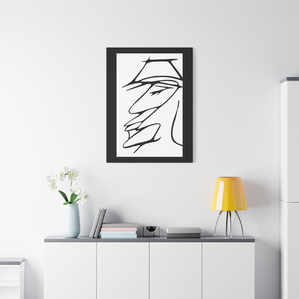 Abstract warrior face framed canvas print — bold black line art profile portrait, angular features, minimalist black and white wall art