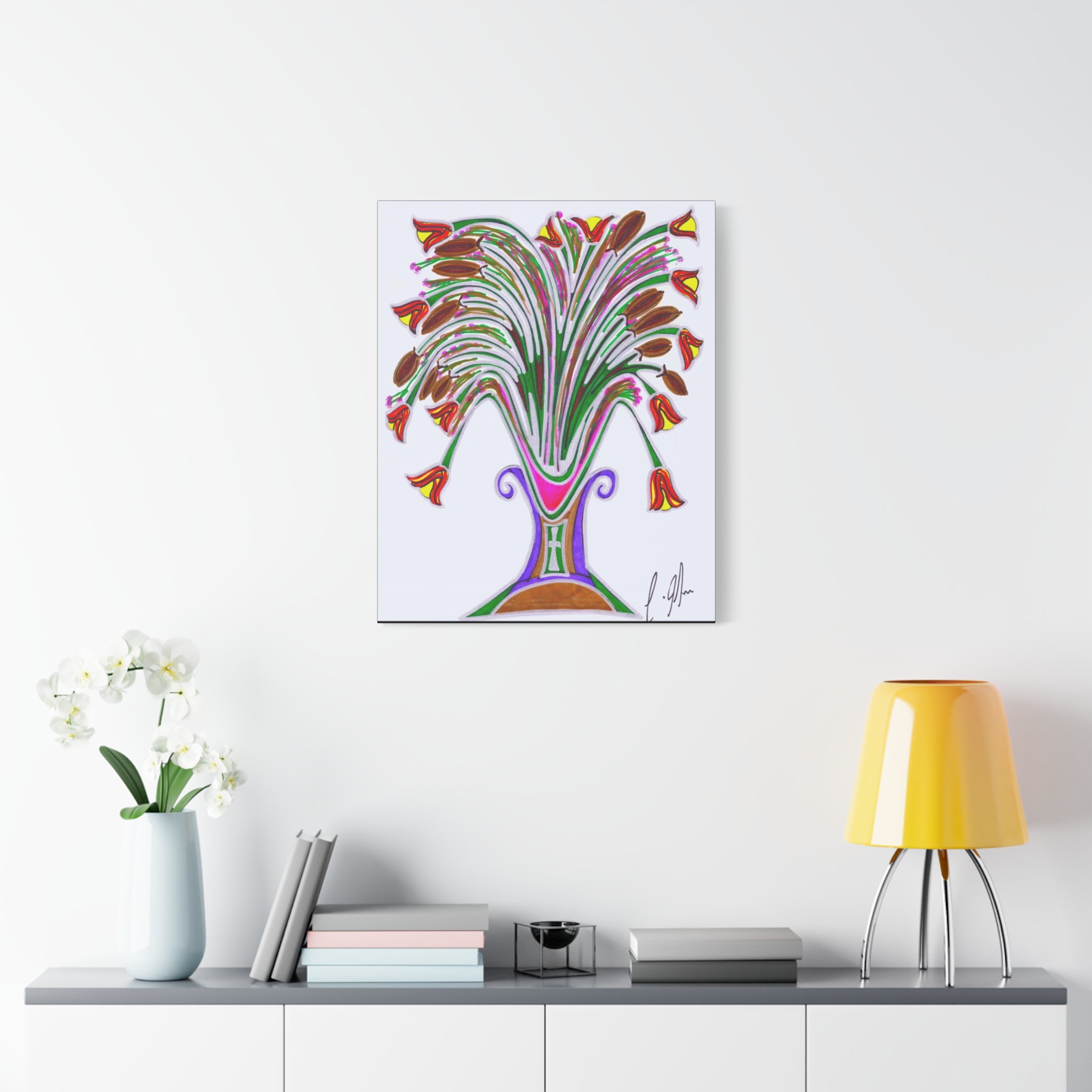 Wild Blooms in Painted Vase — Abstract Floral Matte Canvas Print — Stretched Wall Art (1.25" Depth)