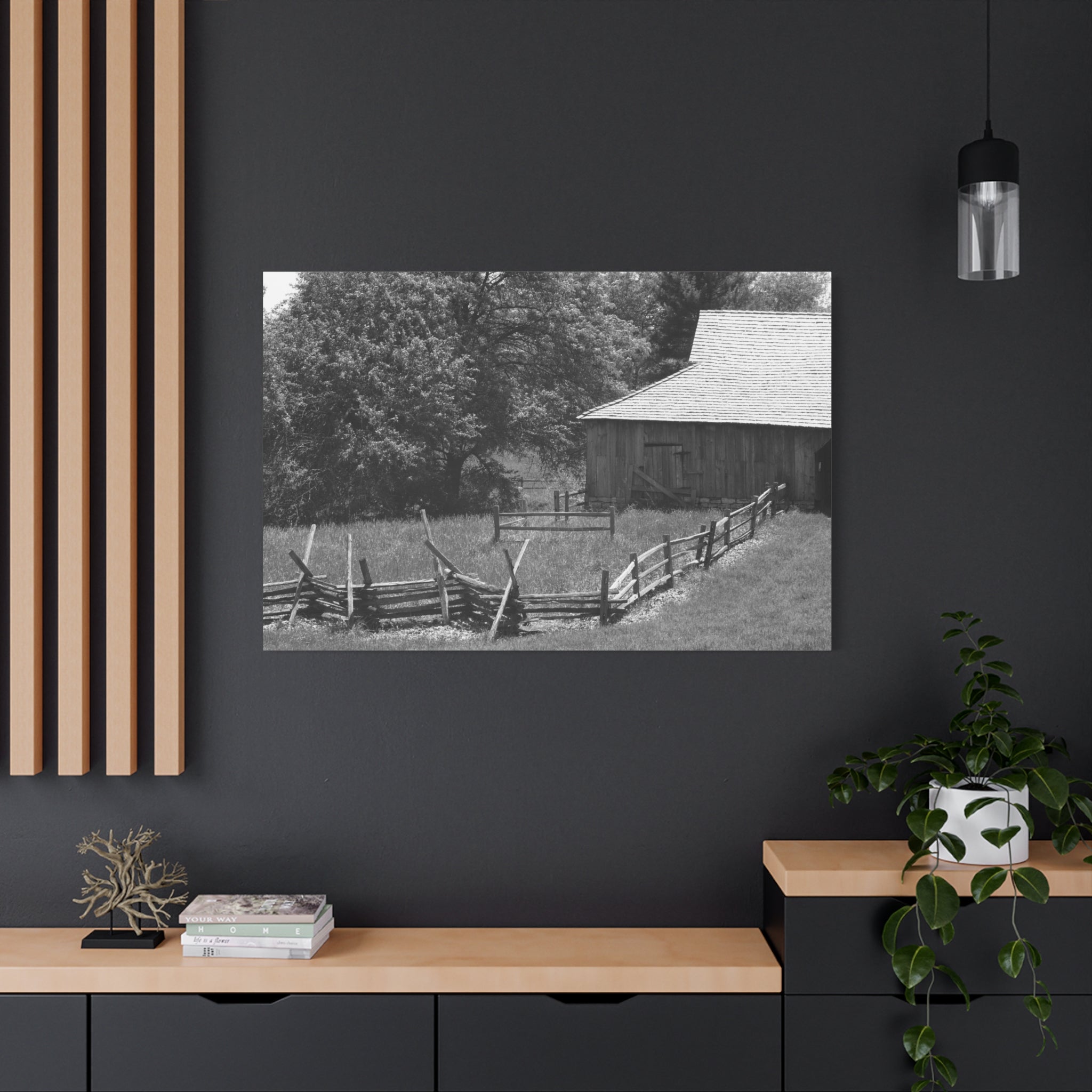Rustic Barn — Black & White Matte Canvas Print — Country Landscape Photography Wall Art
