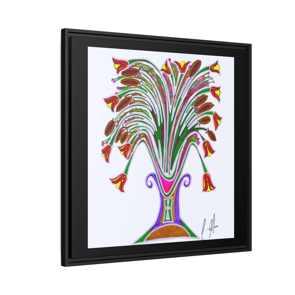 Botanical Burst — Framed Matte Canvas Print — Colorful Floral Vase Wall Art