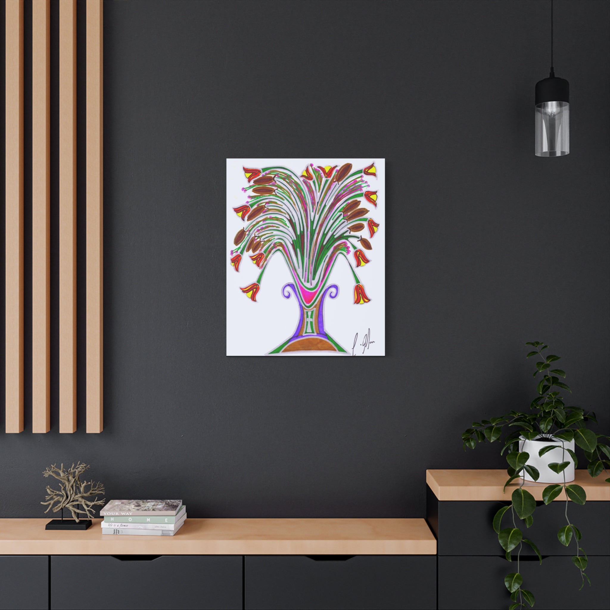Wild Blooms in Painted Vase — Abstract Floral Matte Canvas Print — Stretched Wall Art (1.25" Depth)