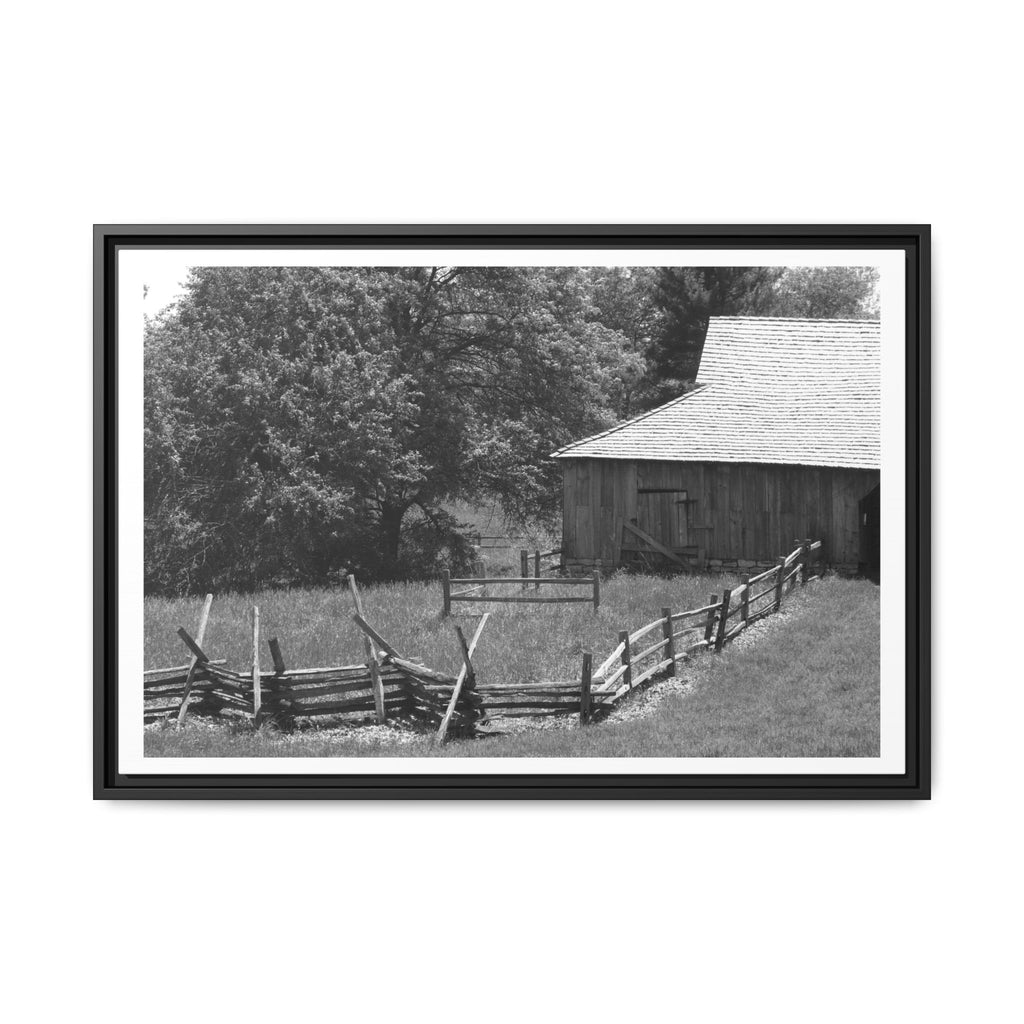 Rustic Barn — Black & White Framed Matte Canvas Print — Country Landscape Photography Wall Art