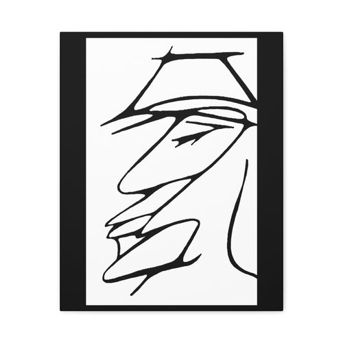 Abstract warrior face framed canvas print — bold black line art profile portrait, angular features, minimalist black and white wall art