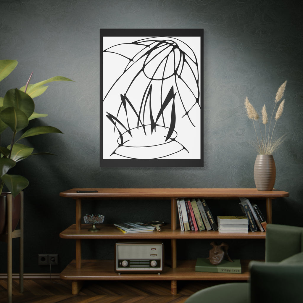 Bird of Prey, an eagle or hawk coming out of a pot of fire. Framed black and white abstract artwork on a white background