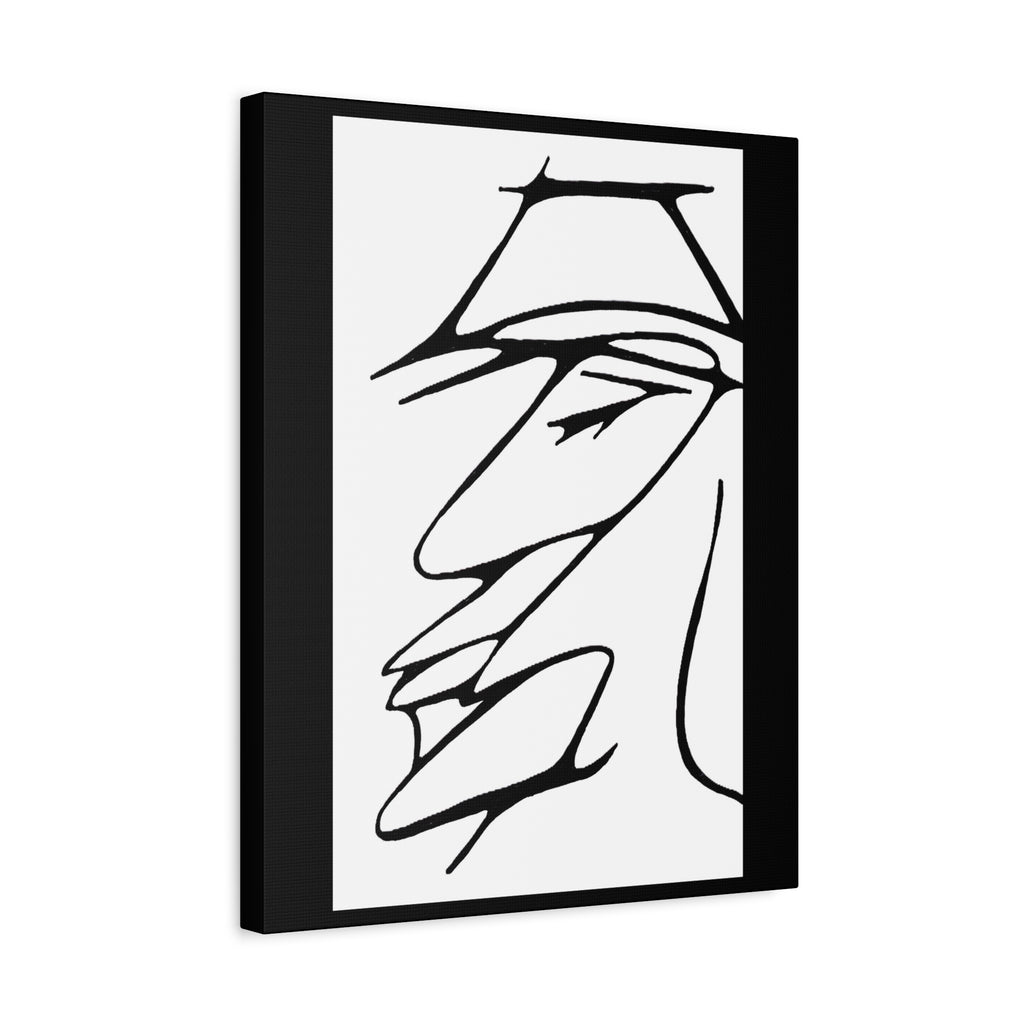 Abstract warrior face framed canvas print — bold black line art profile portrait, angular features, minimalist black and white wall art