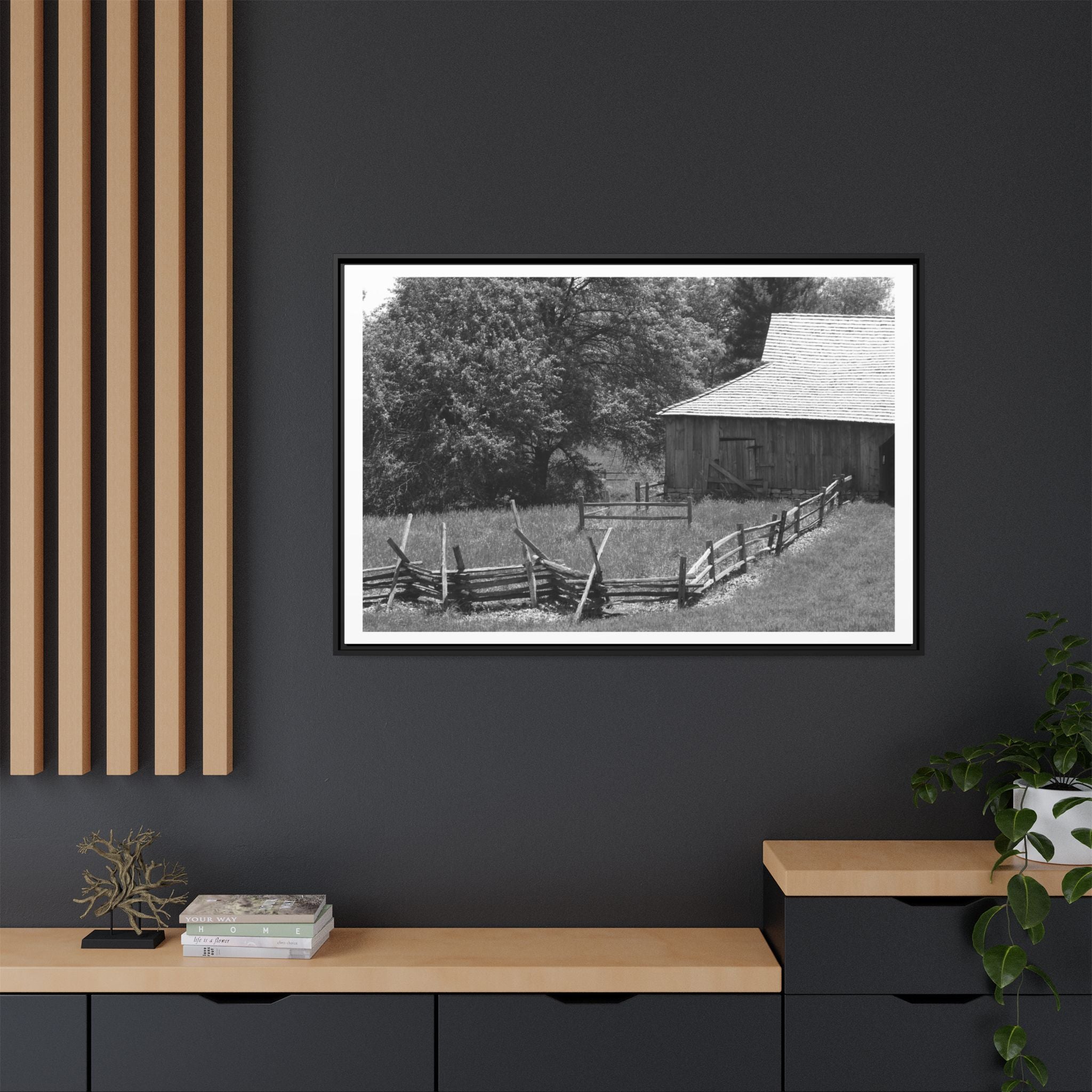 Rustic Barn — Black & White Framed Matte Canvas Print — Country Landscape Photography Wall Art
