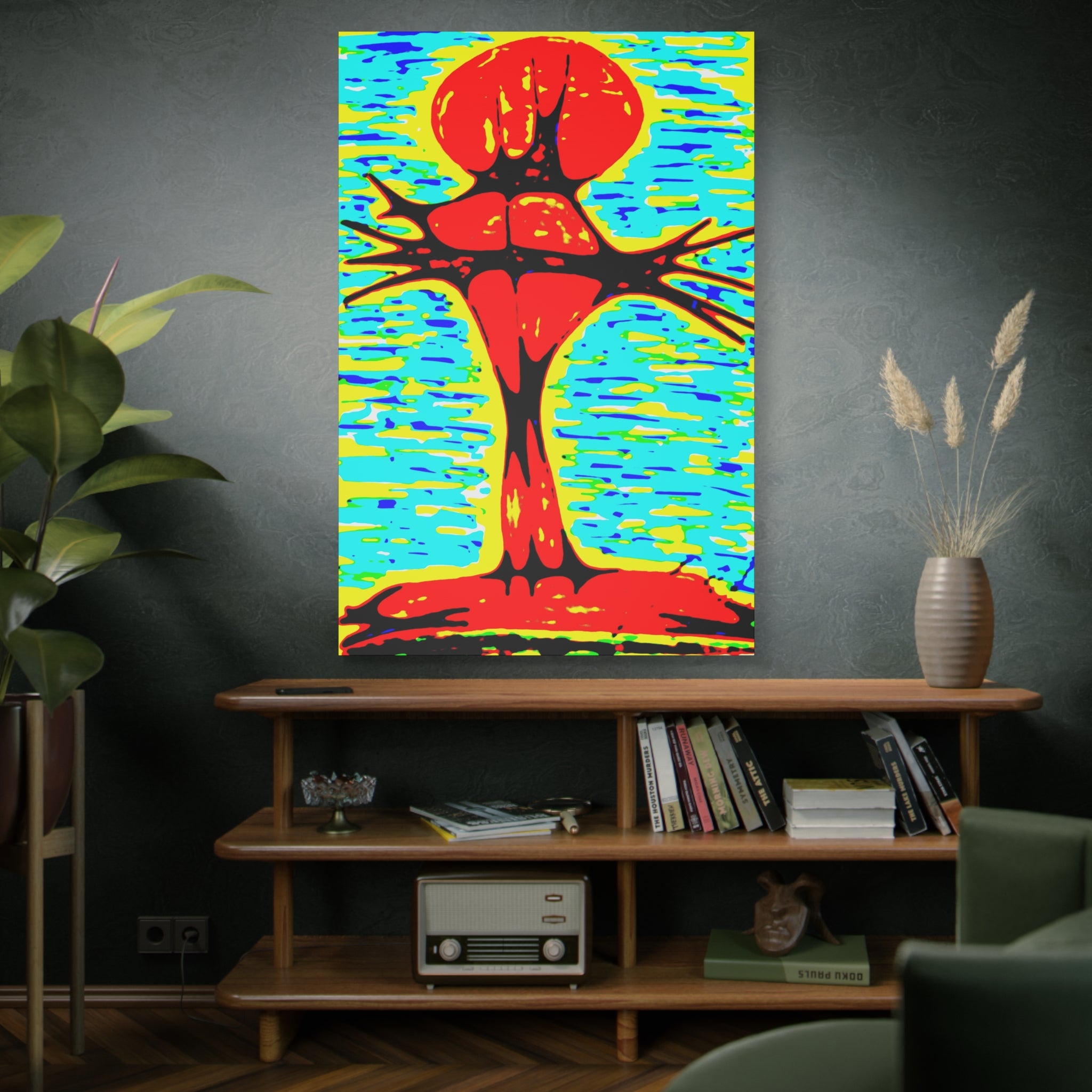 Red cross on the water - bold pop art canvas print, red cross with crown of thorns sitting on the bank, rising from the water, vibrant teal, yellow background