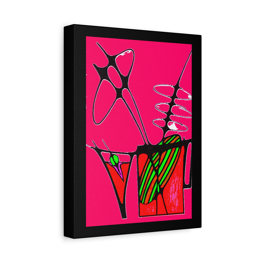 Abstract cocktails framed canvas print — hot pink pop art martini and highball glasses, bold black line art, bar wall art