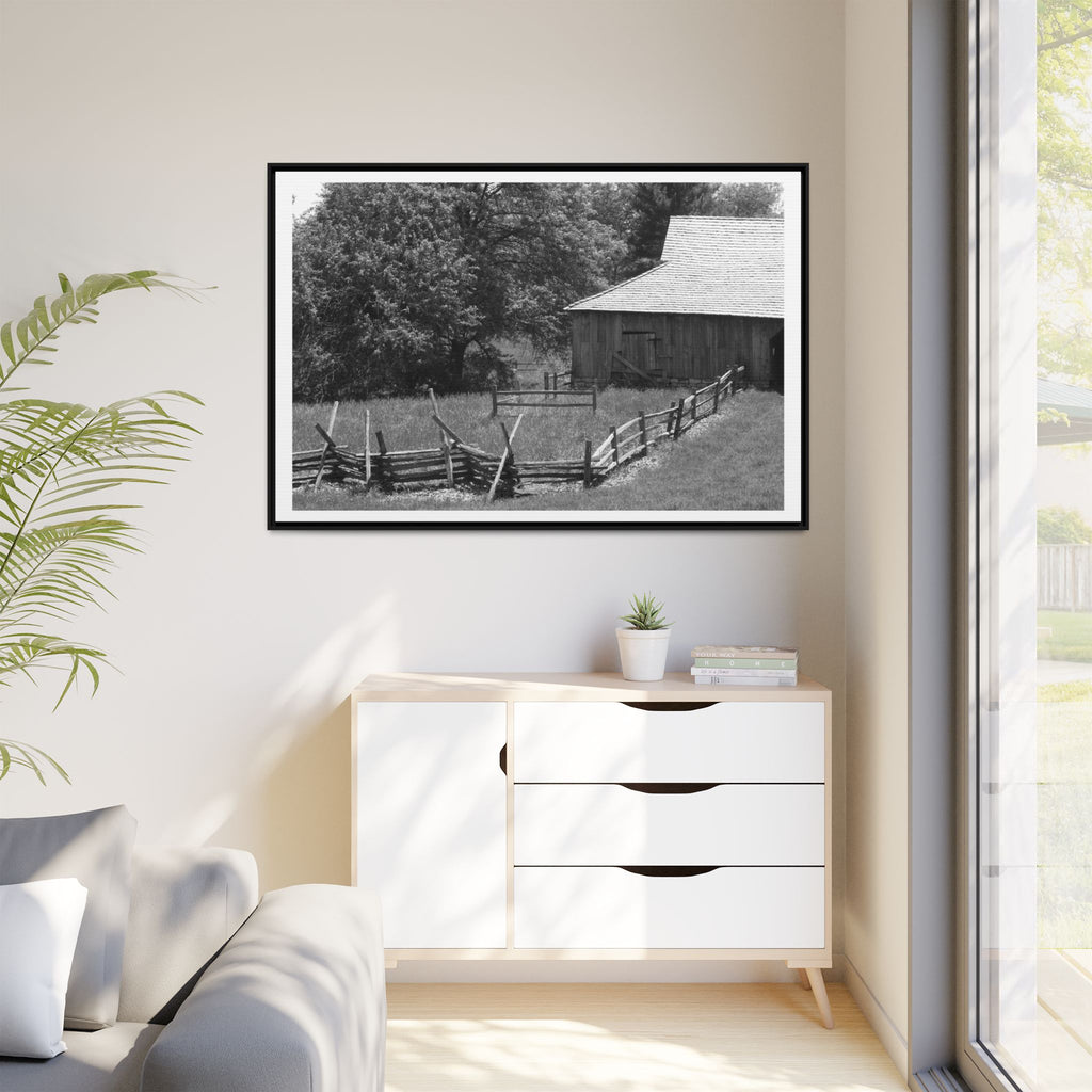 Rustic Barn Black & White  - Framed Matte Canvas Print — Country Landscape Wall Art