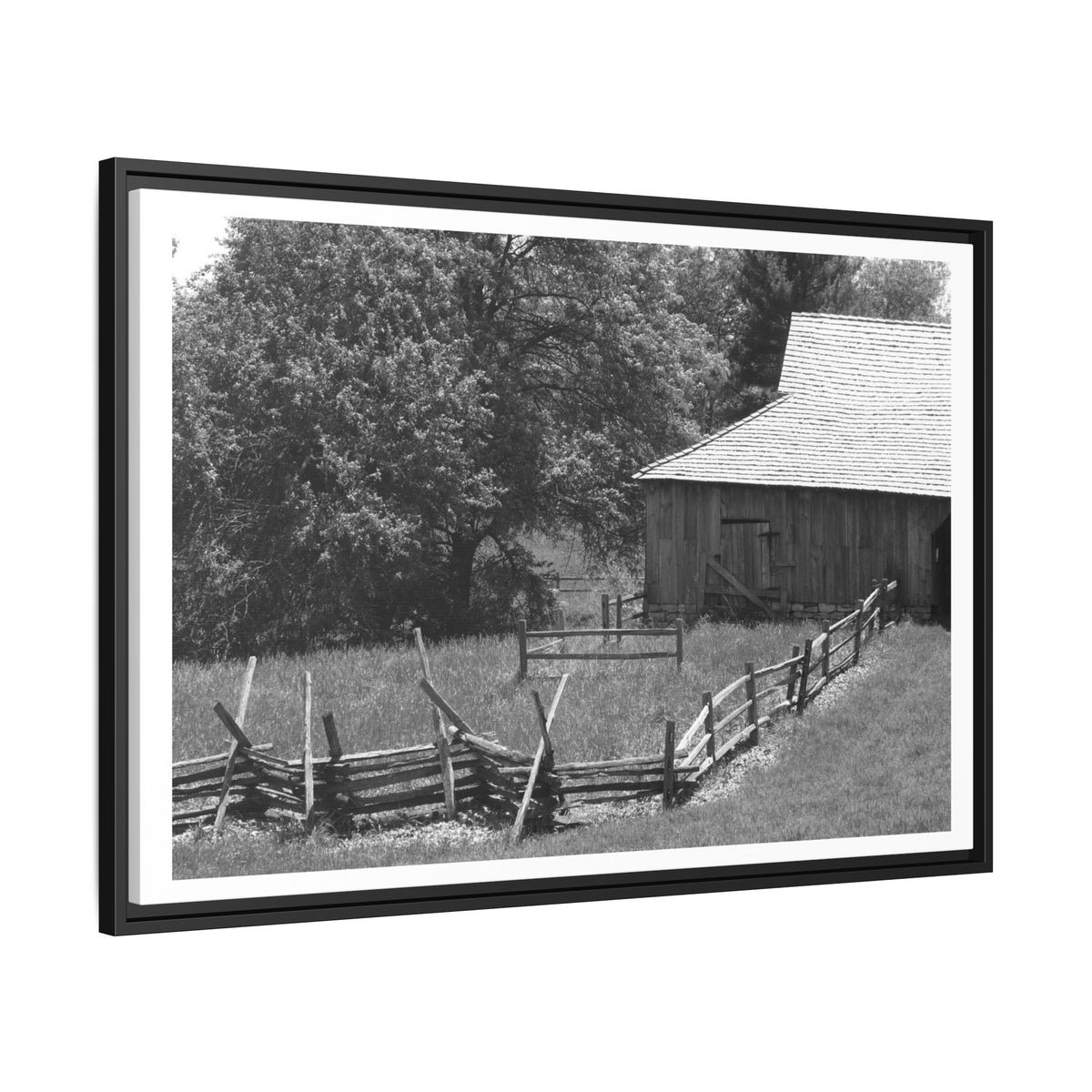 Rustic Barn Black & White  - Framed Matte Canvas Print — Country Landscape Wall Art