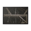 Rustic barn interior framed canvas print — moody looking-up view of weathered wooden beams and rafters with pinpoints of light, farmhouse photography wall art