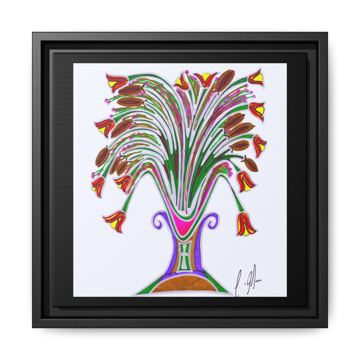 Botanical Burst — Framed Matte Canvas Print — Colorful Floral Vase Wall Art