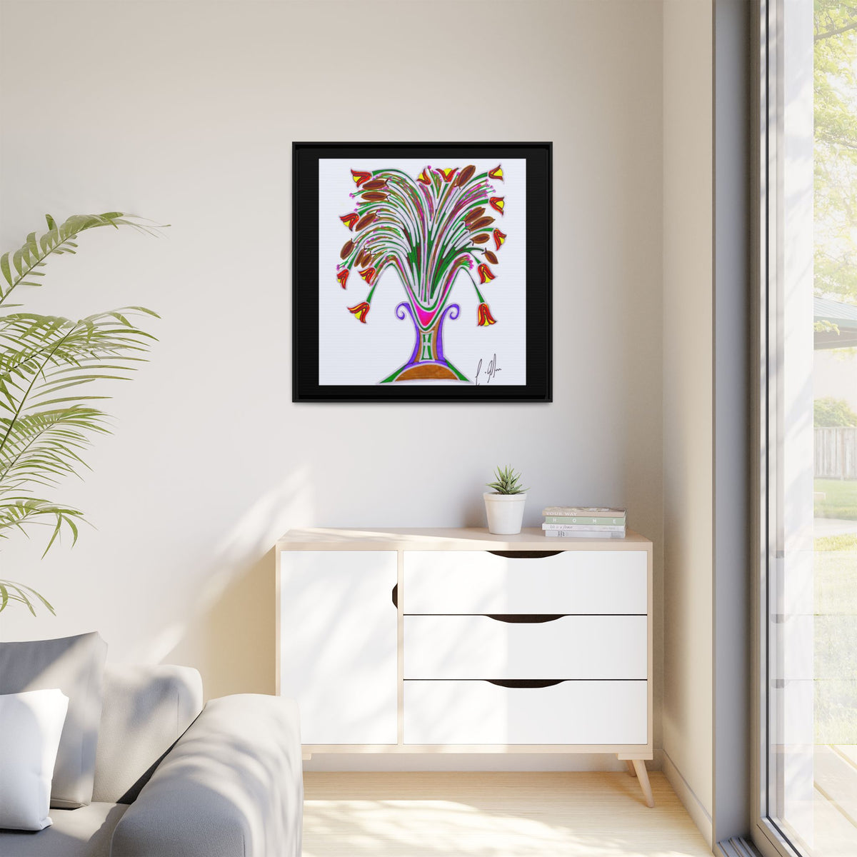 Botanical Burst — Framed Matte Canvas Print — Colorful Floral Vase Wall Art