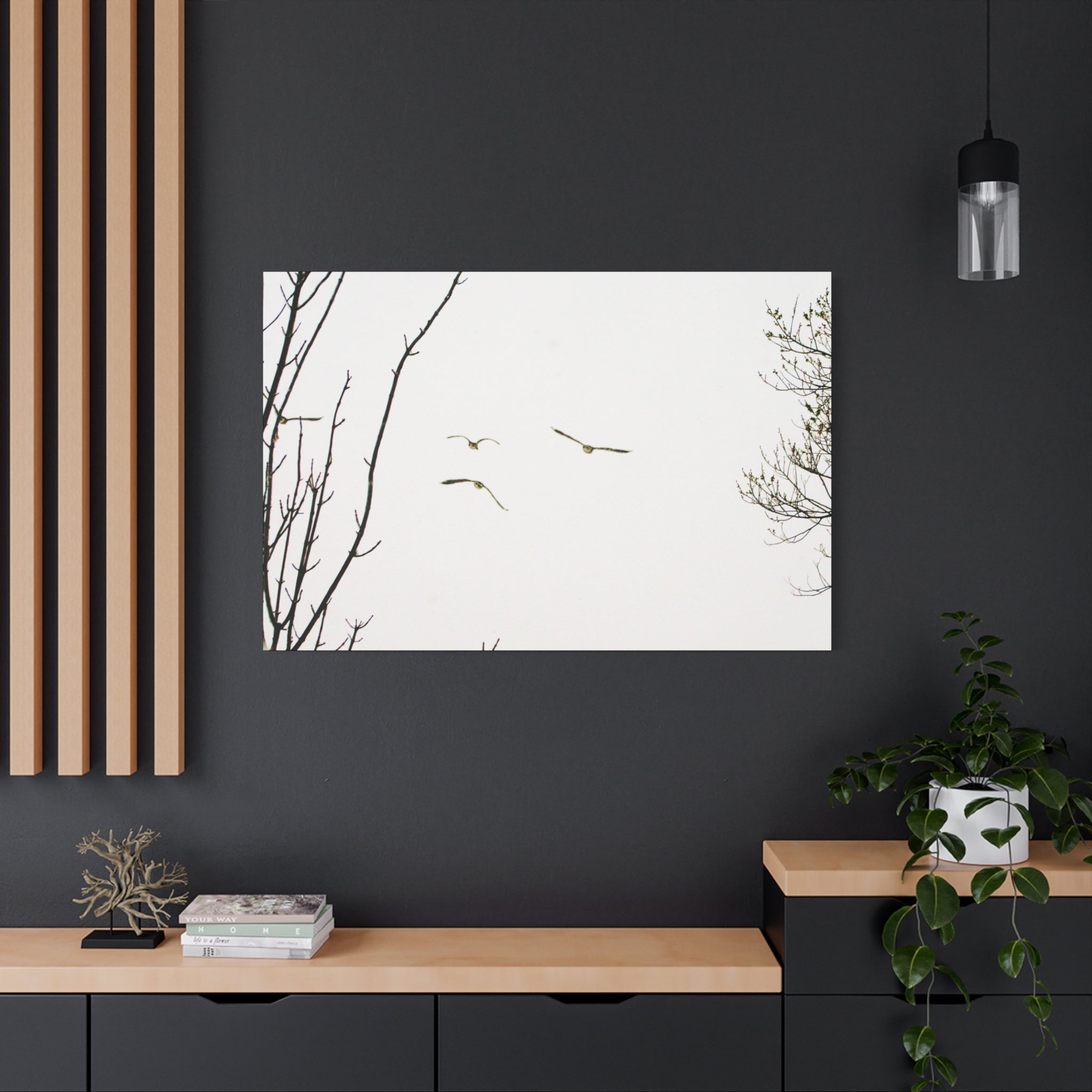 From the Gray — Winter Flight Matte Canvas Print — Black & White Bird Photography Wall Art