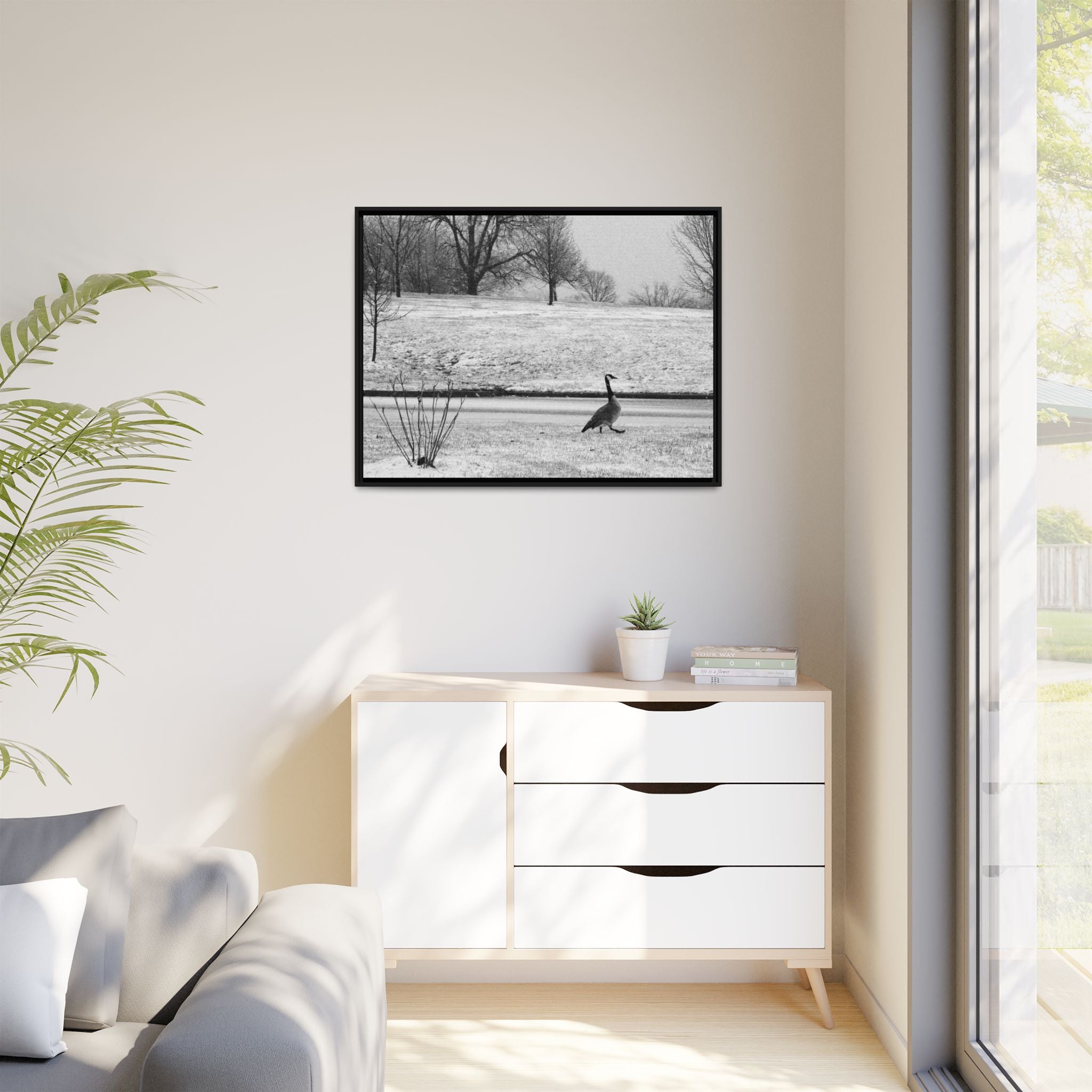 Unbothered — Framed Matte Canvas Print — Black & White Bird Photography Wall Art