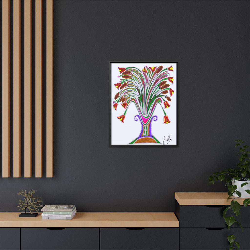 Wild Blooms in Painted Vase — Abstract Floral Framed Matte Canvas Print — Black Frame Wall Art