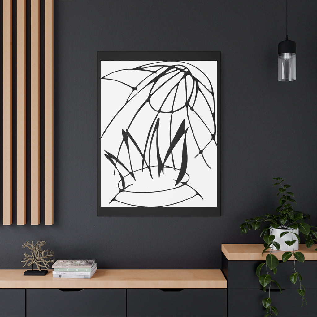 Bird of Prey, an eagle or hawk coming out of a pot of fire. Framed black and white abstract artwork on a white background