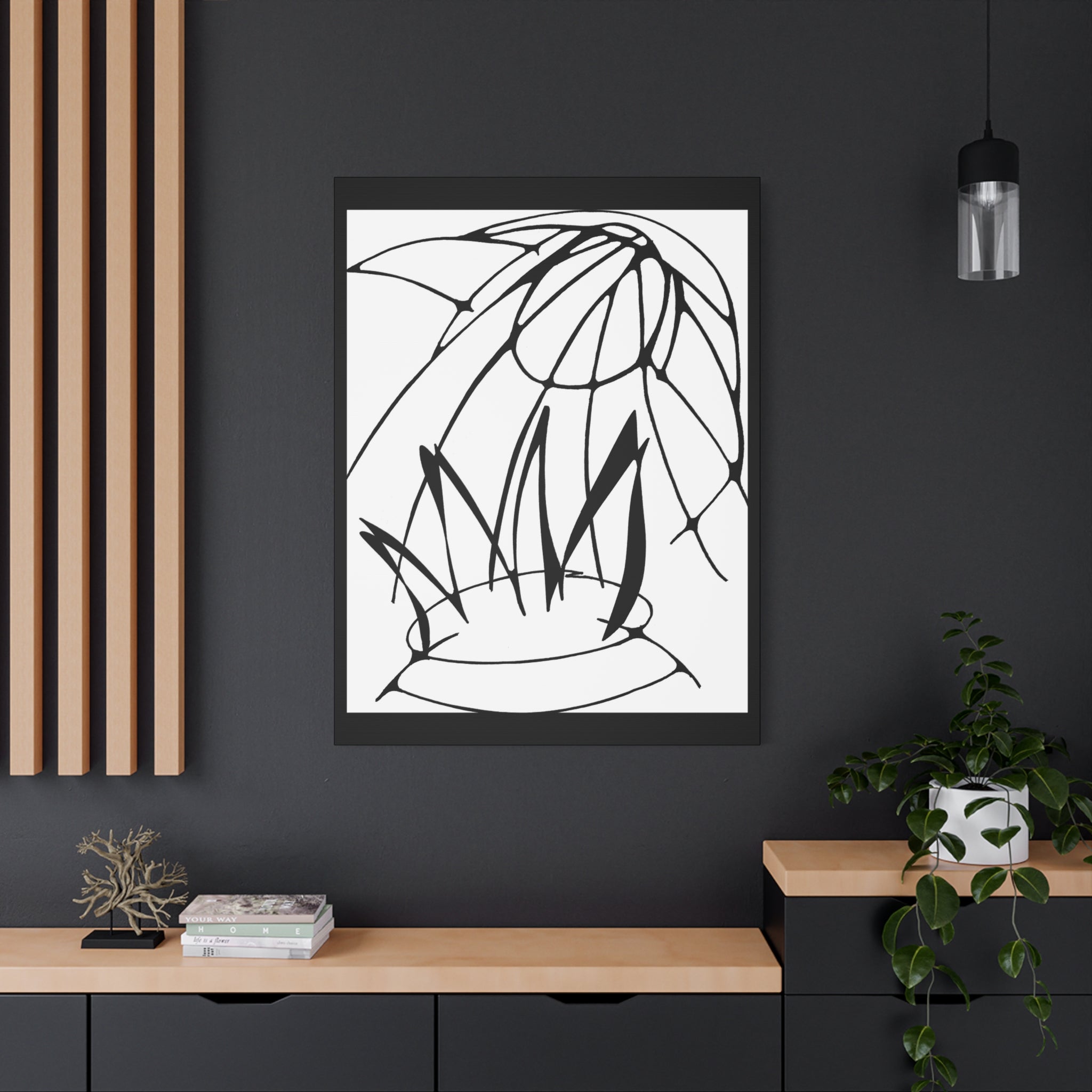 Bird of Prey, an eagle or hawk coming out of a pot of fire. Framed black and white abstract artwork on a white background