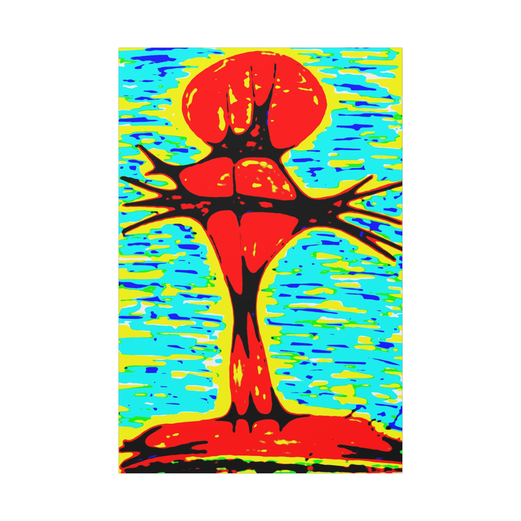 Red cross on the water - bold pop art canvas print, red cross with crown of thorns sitting on the bank, rising from the water, vibrant teal, yellow background