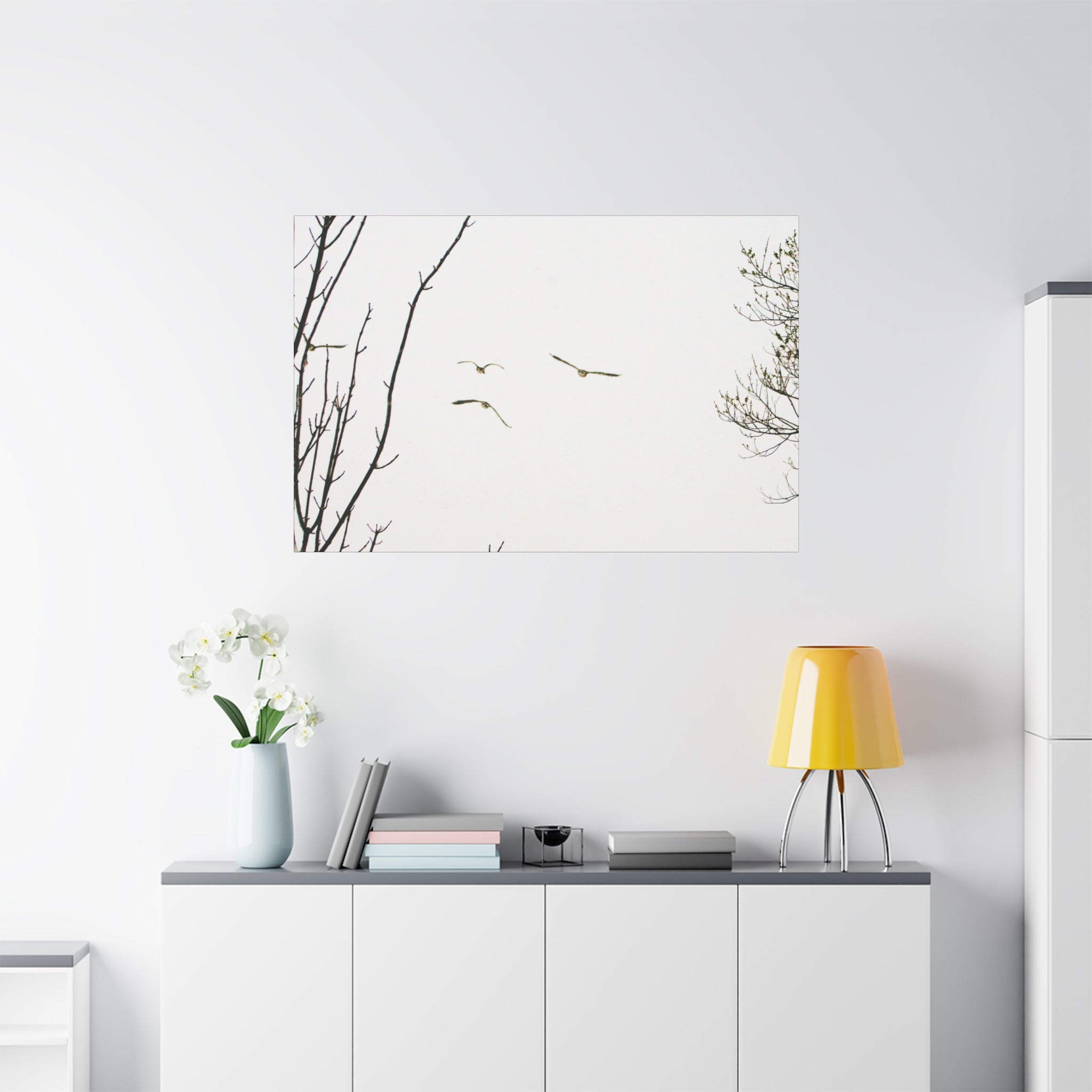 From the Gray — Winter Flight Matte Canvas Print — Black & White Bird Photography Wall Art