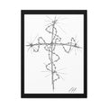Barbed wire cross canvas print — gothic religious wall art, stretched on pine frame, grayscale minimalist design
