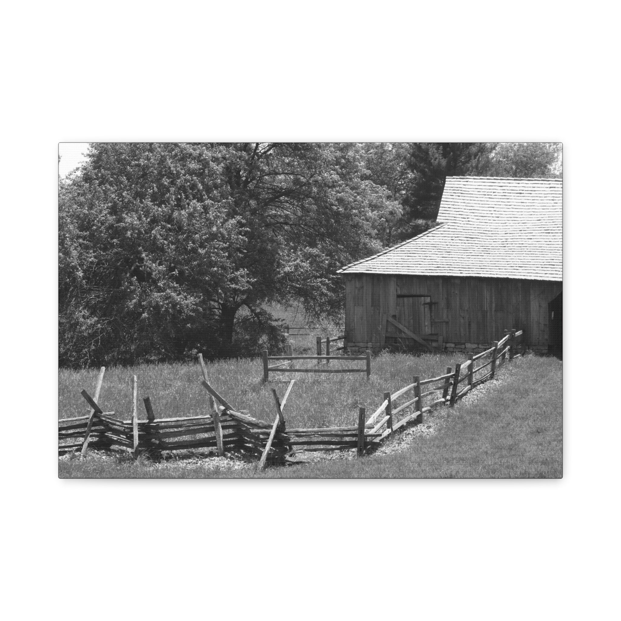 Rustic Barn — Black & White Matte Canvas Print — Country Landscape Photography Wall Art