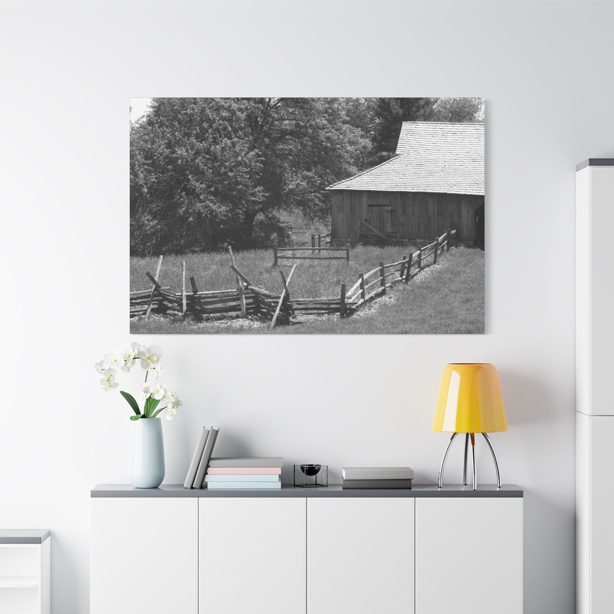 Rustic Barn — Black & White Matte Canvas Print — Country Landscape Photography Wall Art