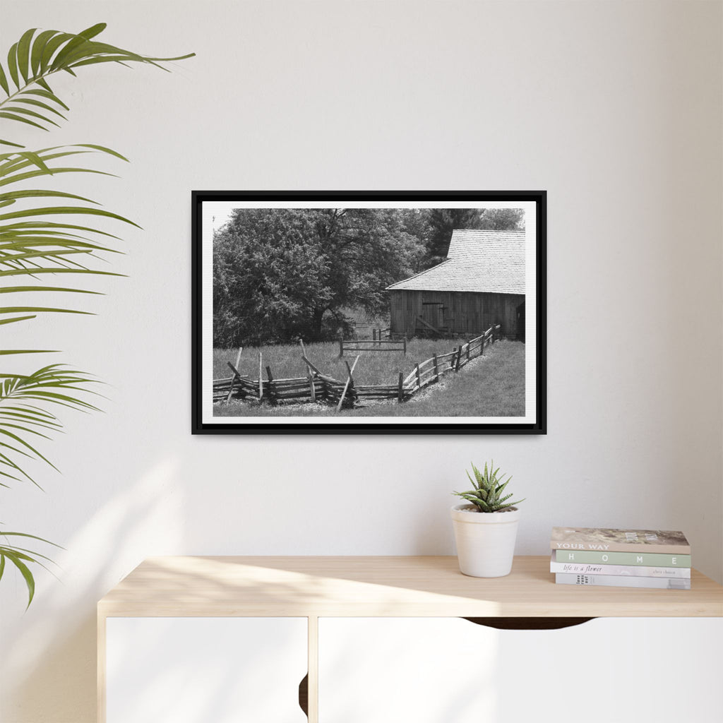 Rustic Barn — Black & White Framed Matte Canvas Print — Country Landscape Photography Wall Art