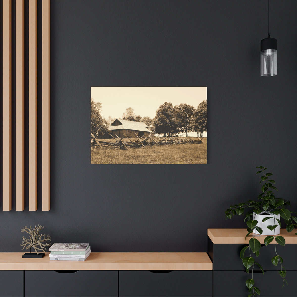 Quiet Acres — Matte Canvas Print — Sepia Barn Photography Wall Art