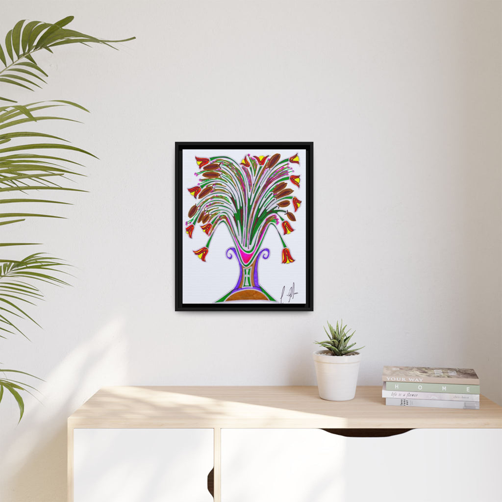 Wild Blooms in Painted Vase — Abstract Floral Framed Matte Canvas Print — Black Frame Wall Art