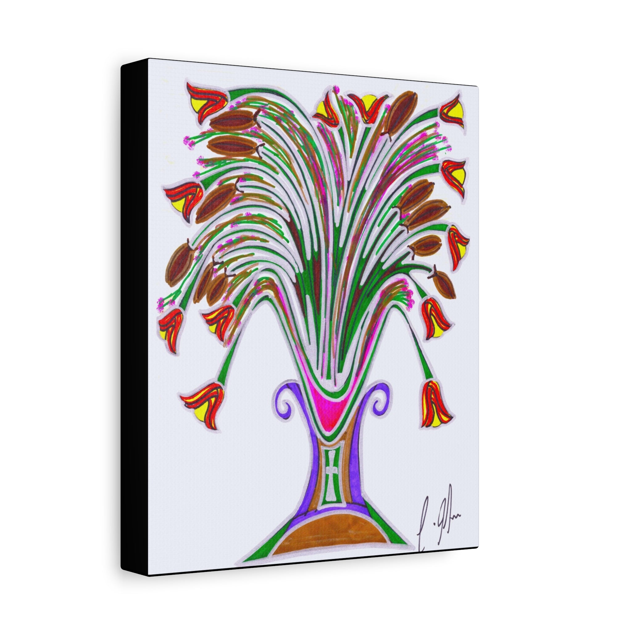 Wild Blooms in Painted Vase — Abstract Floral Matte Canvas Print — Stretched Wall Art (1.25" Depth)