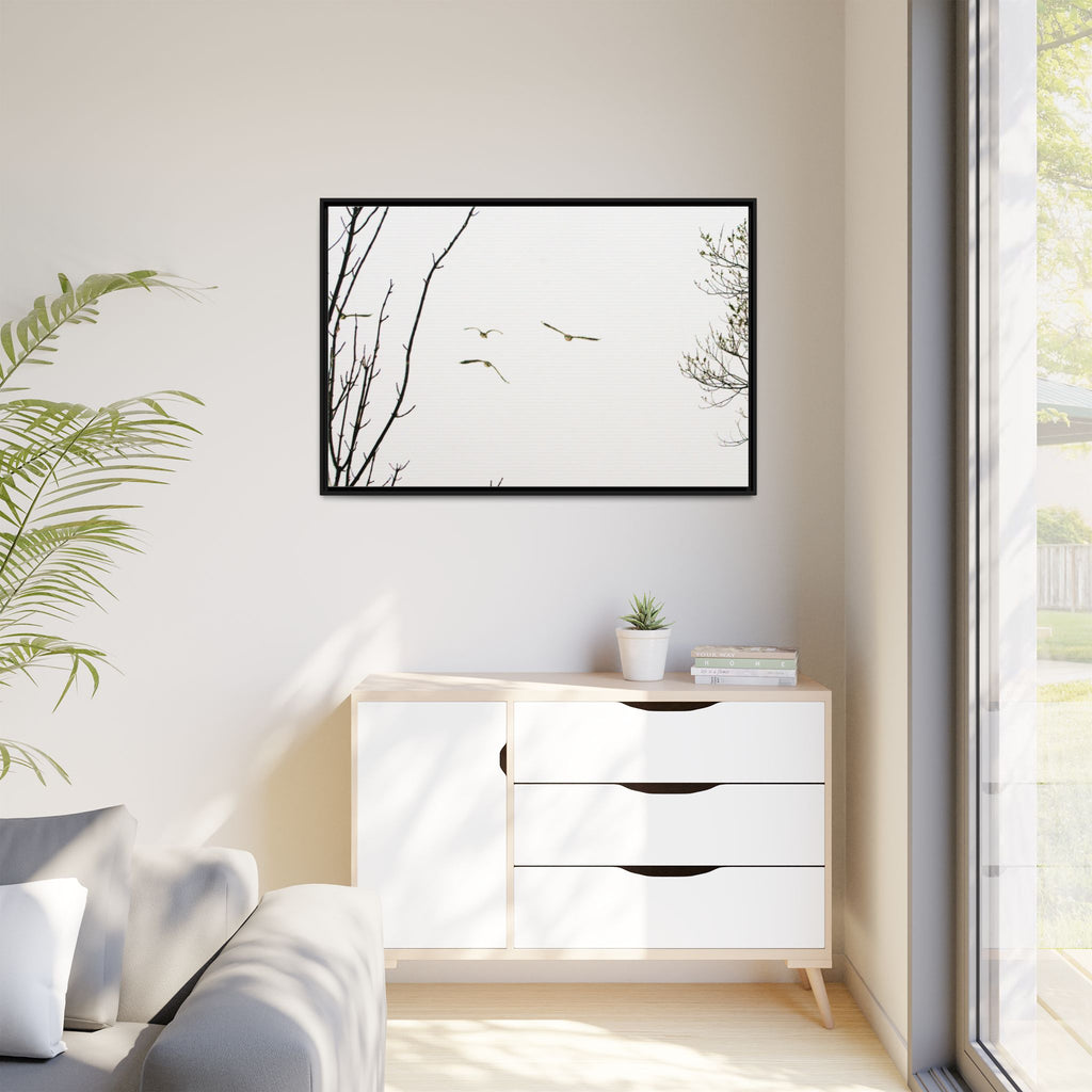 From the Gray — Winter Flight Framed Matte Canvas Print — Black & White Bird Photography Wall Art