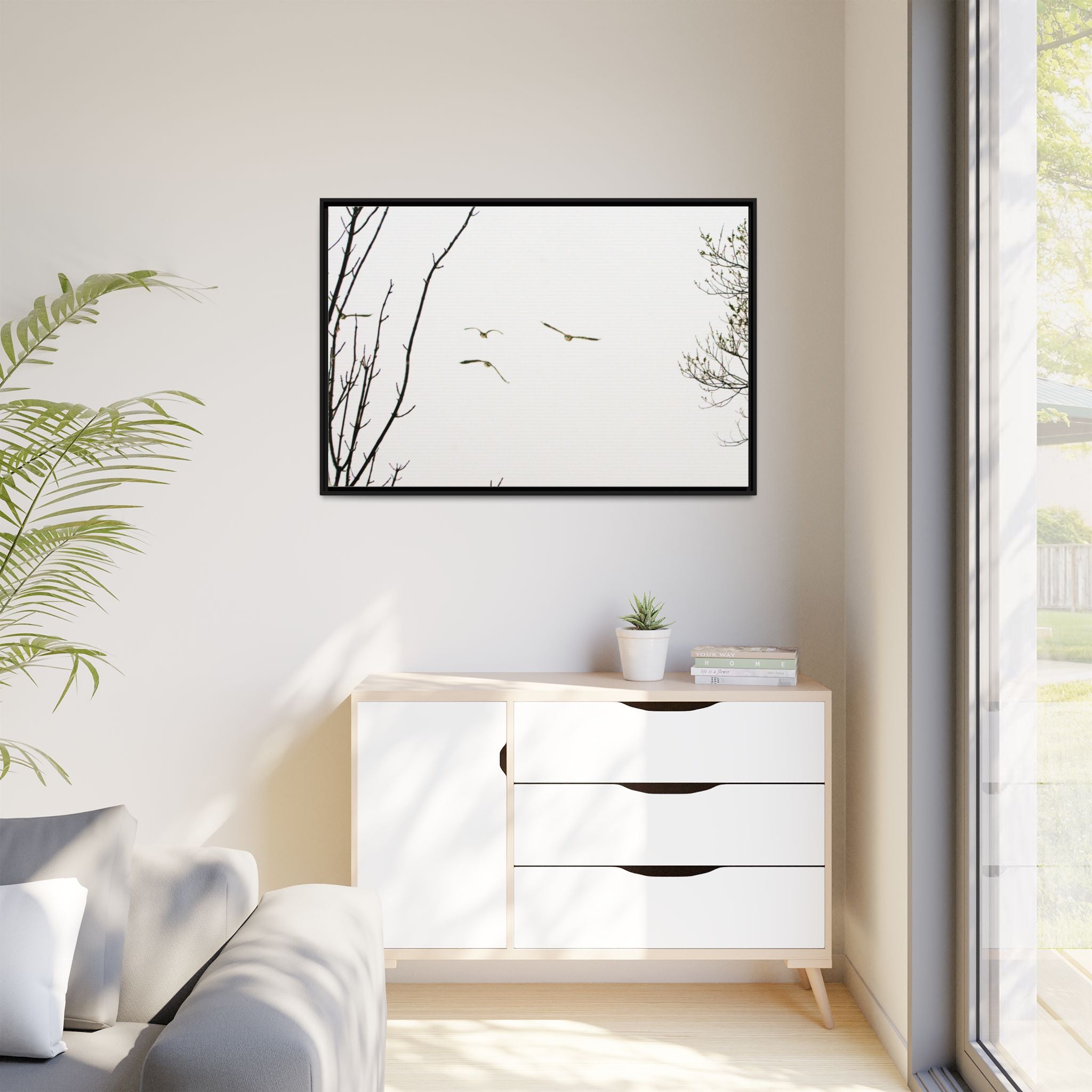 From the Gray — Winter Flight Framed Matte Canvas Print — Black & White Bird Photography Wall Art