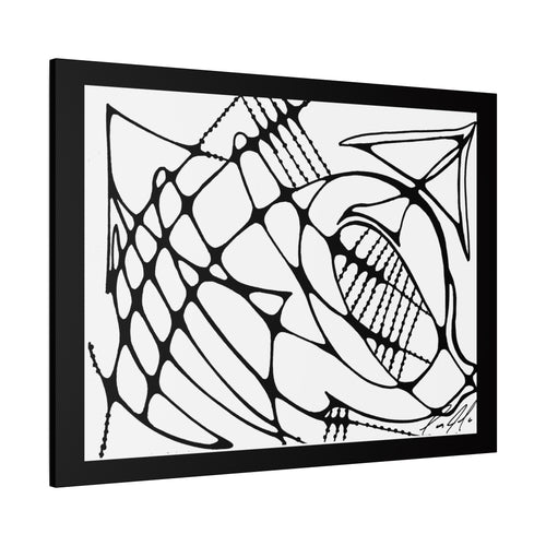 Black and white abstract art piece in a black frame on a white background. Abstract creature canvas print — surreal wall art, stretched matte canvas