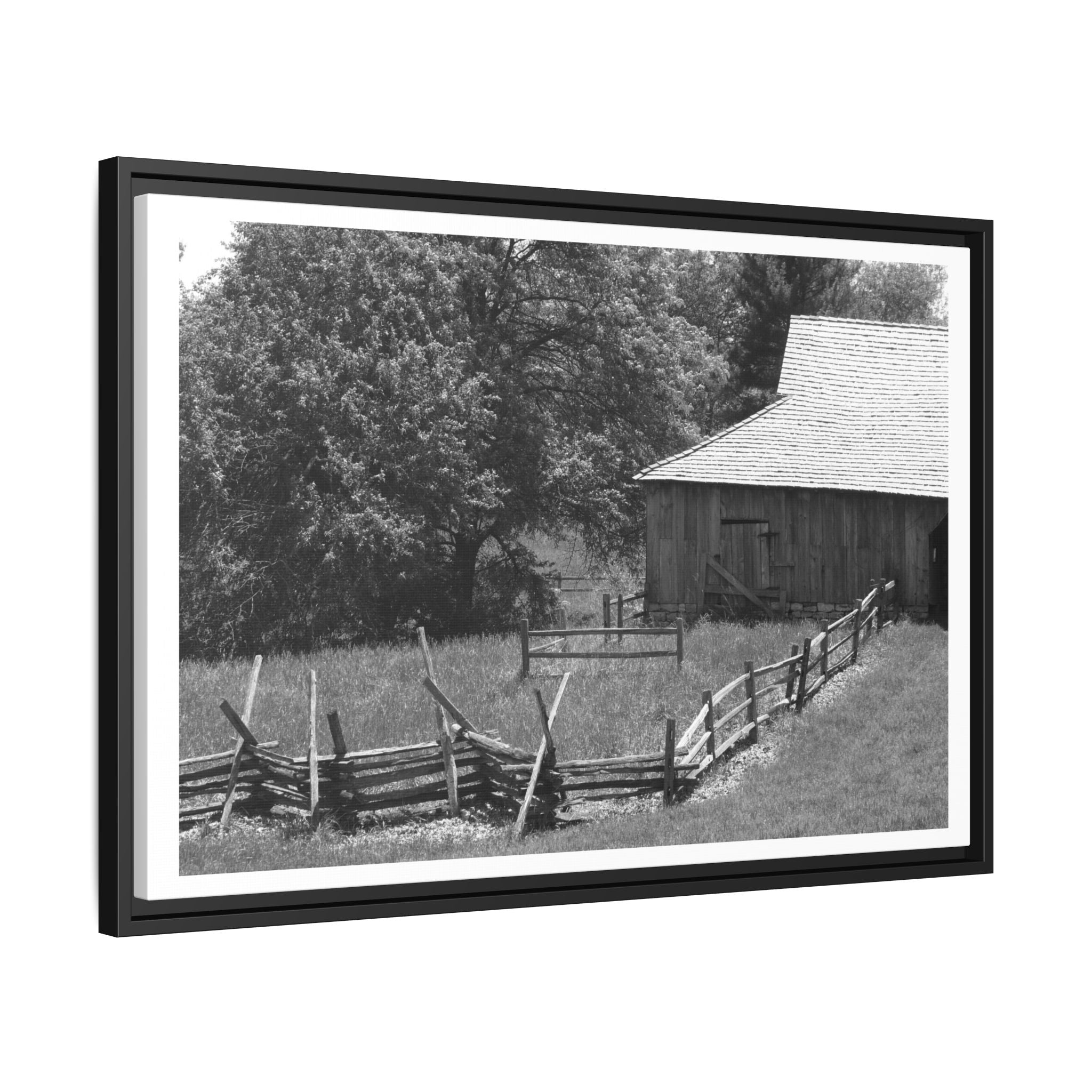 Rustic Barn — Black & White Framed Matte Canvas Print — Country Landscape Photography Wall Art