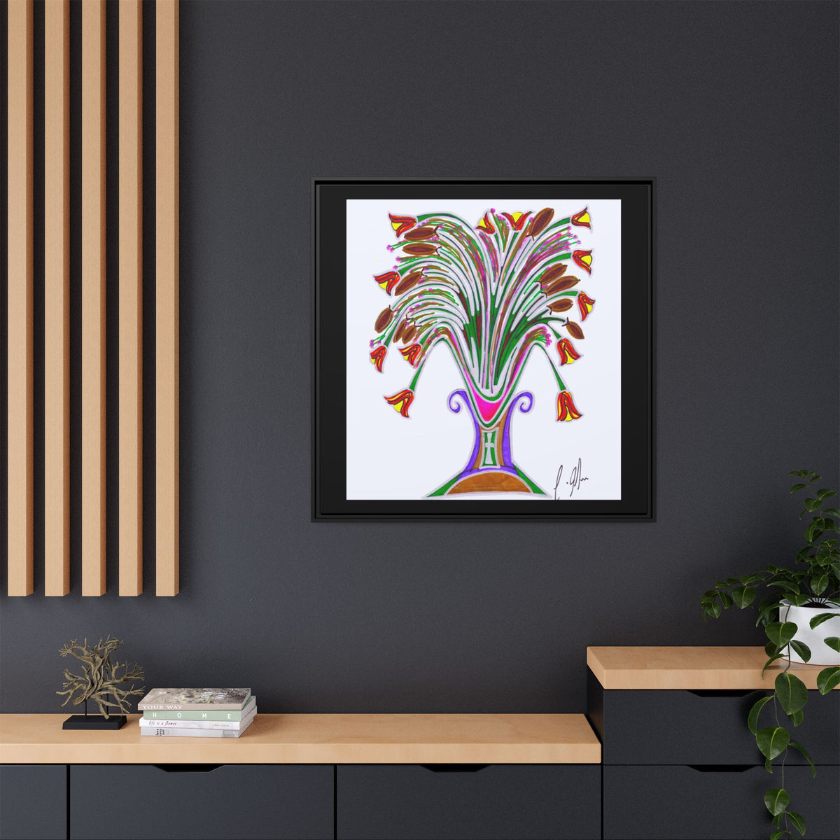 Botanical Burst — Framed Matte Canvas Print — Colorful Floral Vase Wall Art
