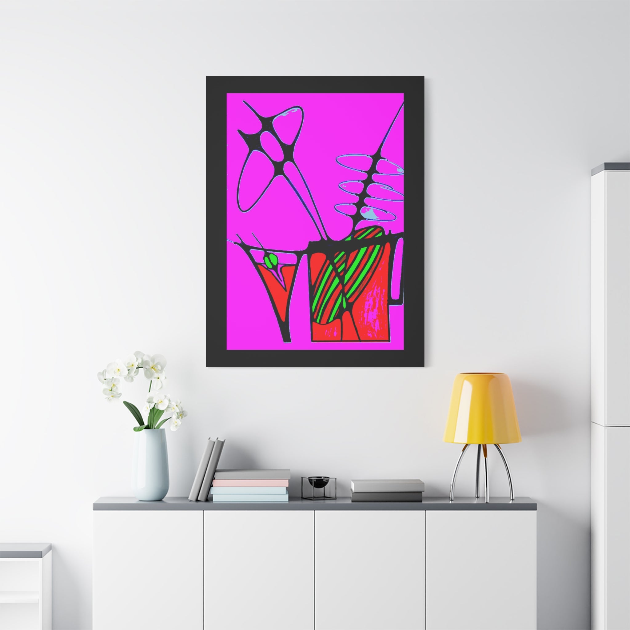 Abstract cocktails 2 framed canvas print — neon magenta pop art martini and highball glasses, bold black line art, bar wall art