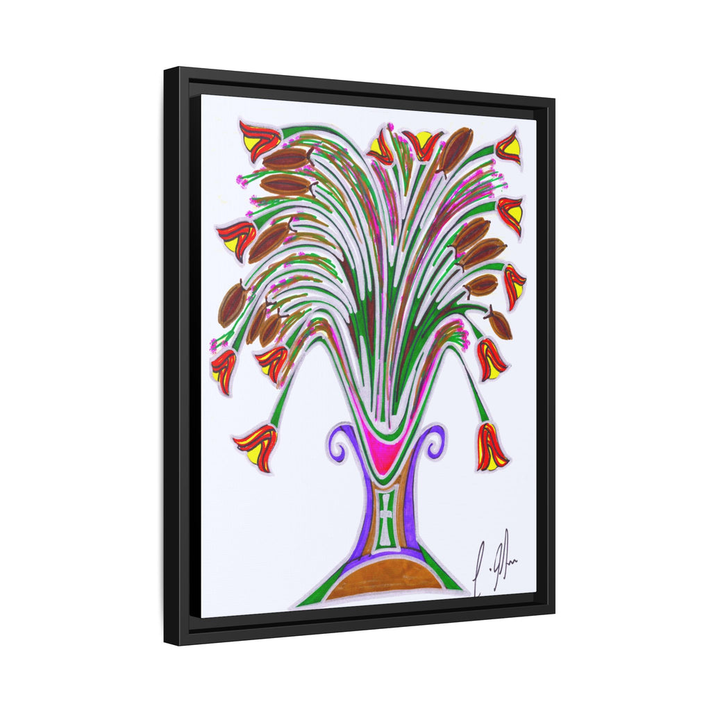 Wild Blooms in Painted Vase — Abstract Floral Framed Matte Canvas Print — Black Frame Wall Art
