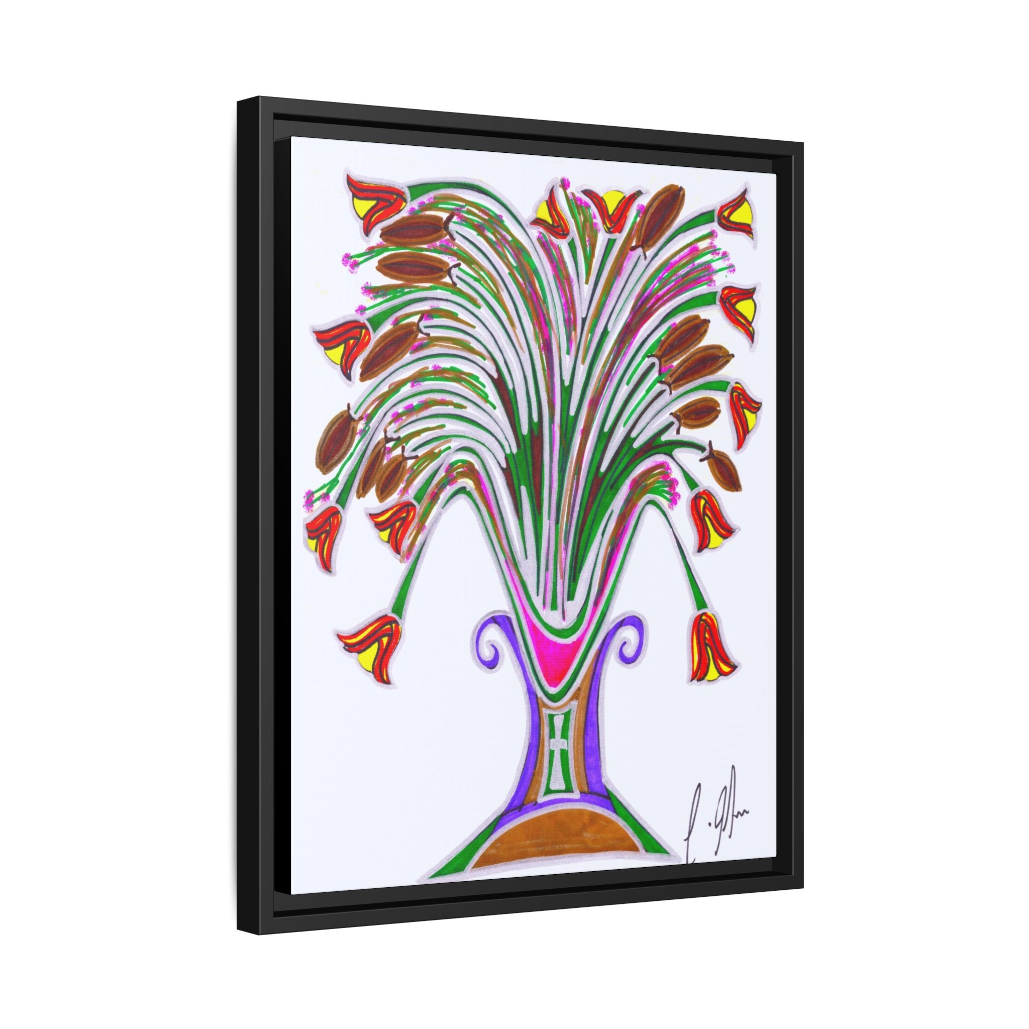 Wild Blooms in Painted Vase — Abstract Floral Framed Matte Canvas Print — Black Frame Wall Art