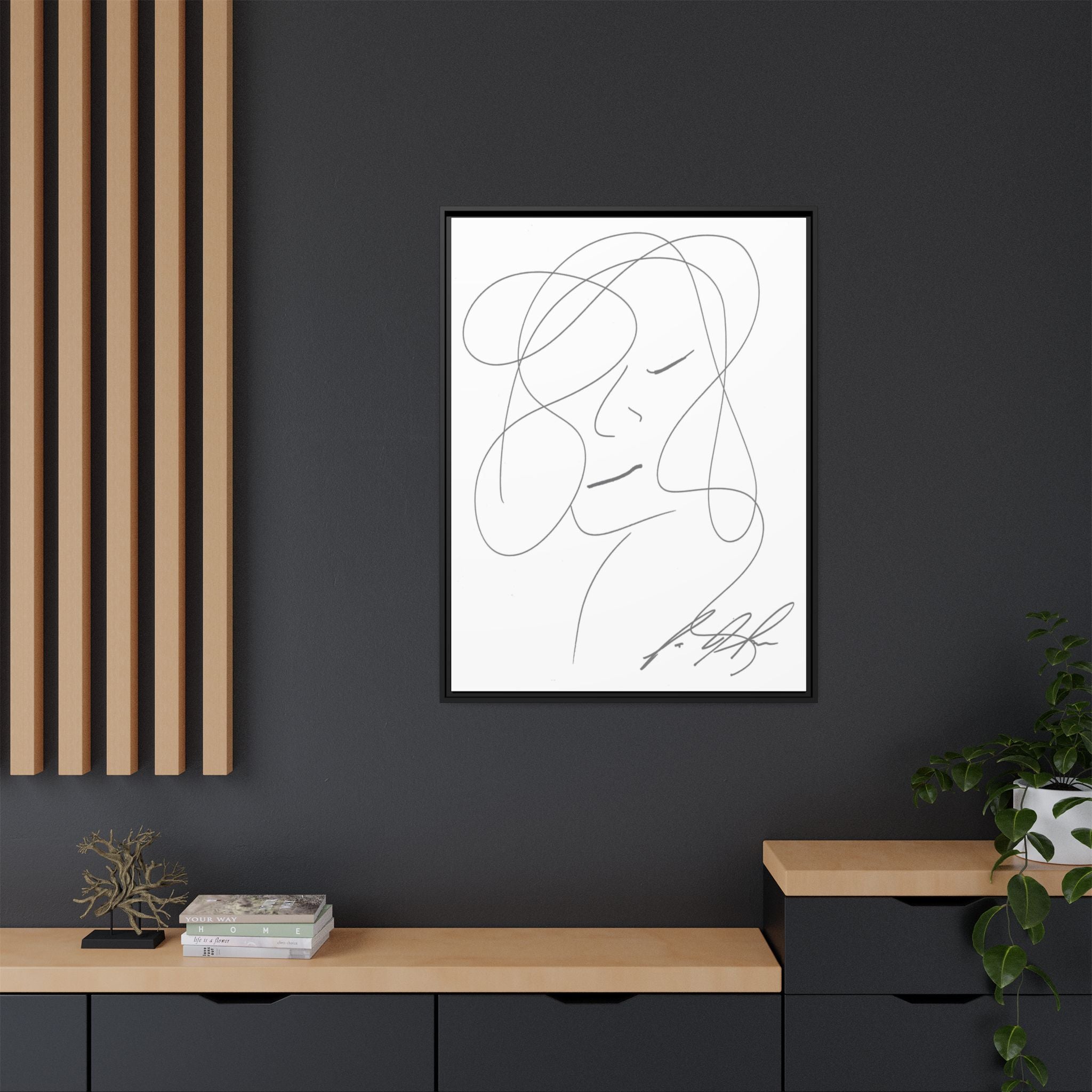 In Her Silence — Framed Matte Canvas Print — Feminine Line Art Wall Art