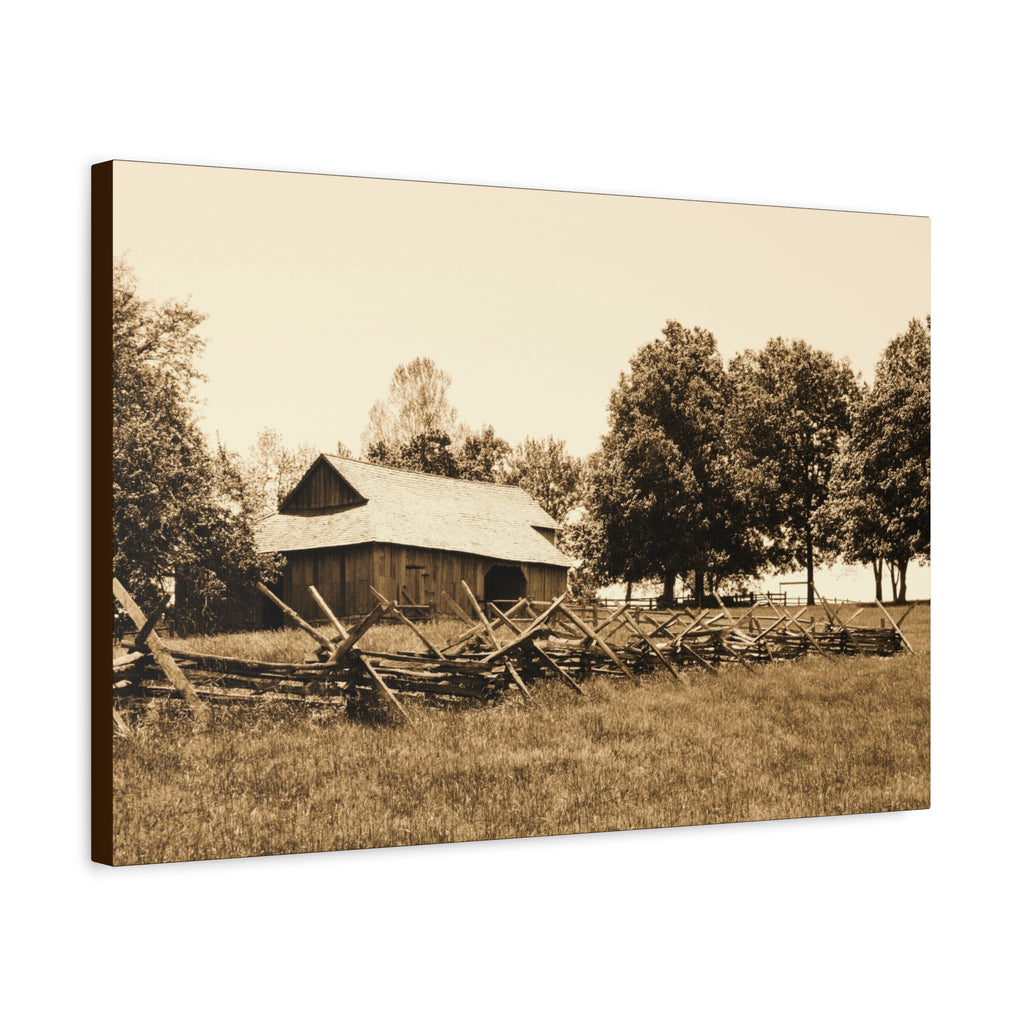 Quiet Acres — Matte Canvas Print — Sepia Barn Photography Wall Art