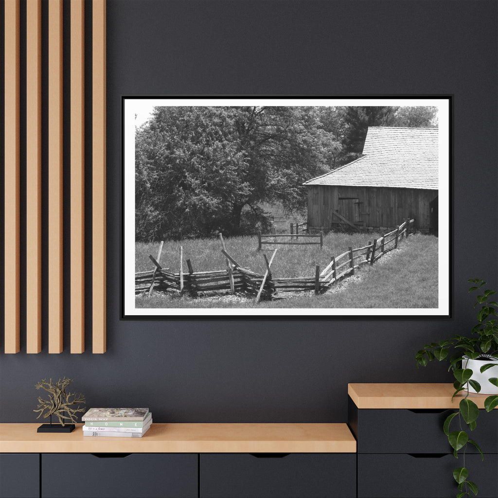 Rustic Barn Black & White  - Framed Matte Canvas Print — Country Landscape Wall Art