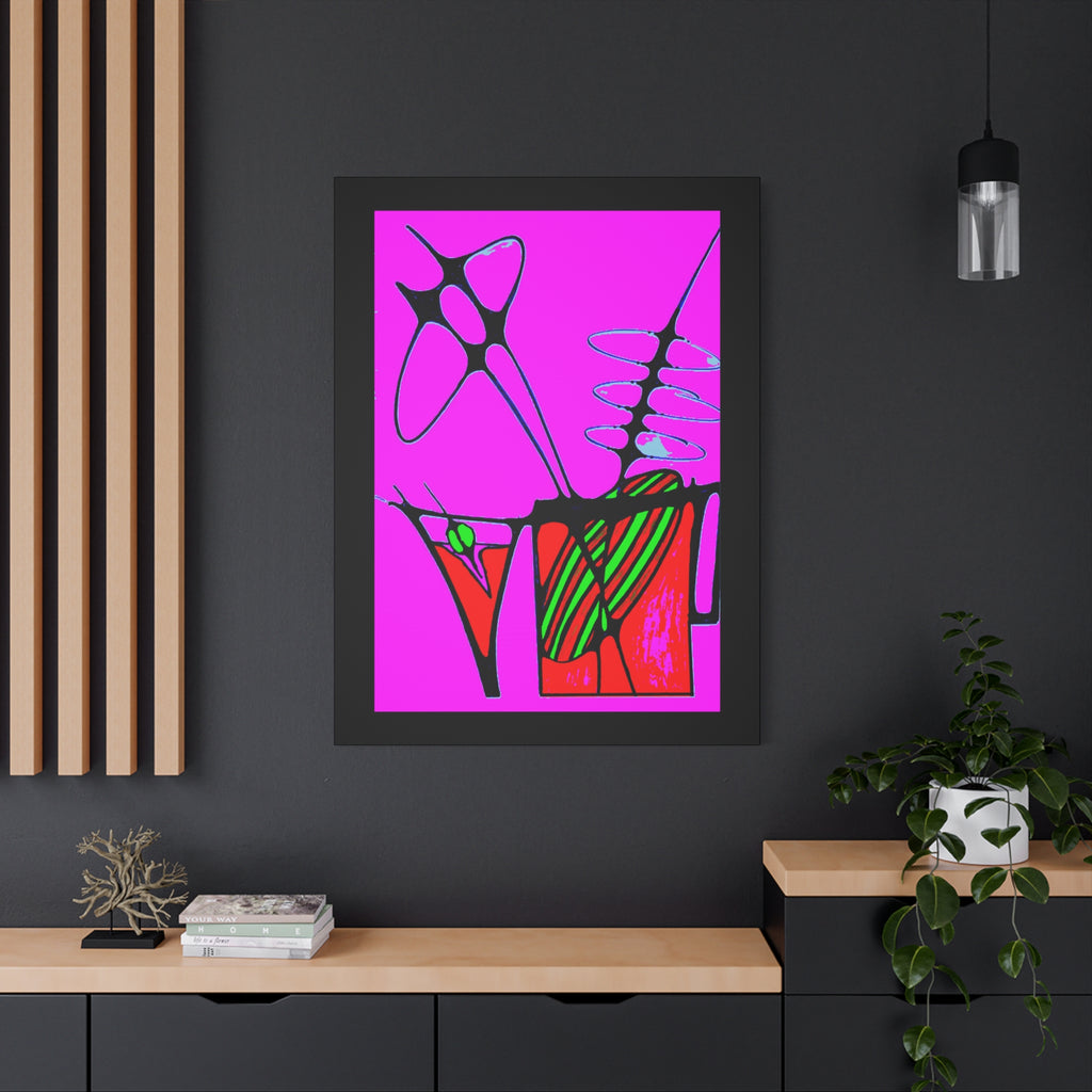 Abstract cocktails 2 framed canvas print — neon magenta pop art martini and highball glasses, bold black line art, bar wall art